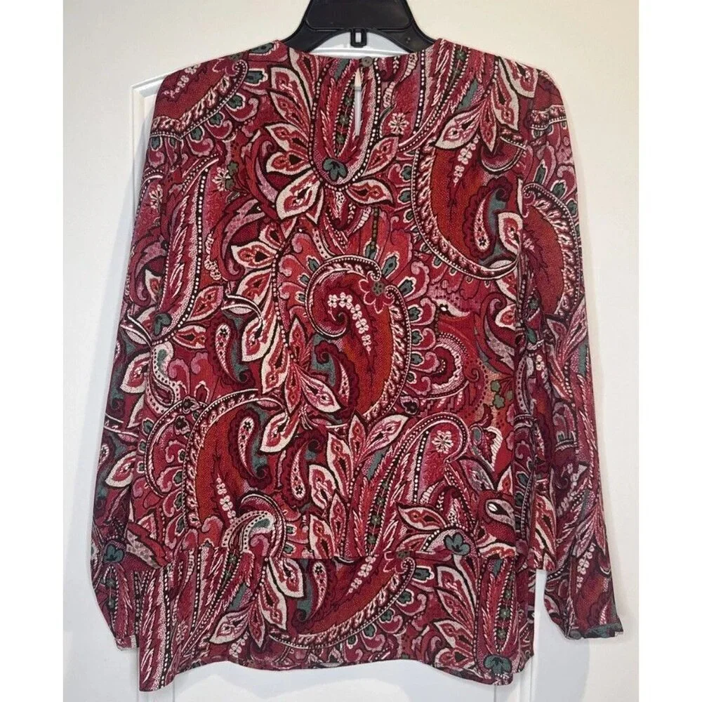J‎ Jill Women’s Red Paisley Layered Chiffon Long Sleeve Blouse Top Sz XS